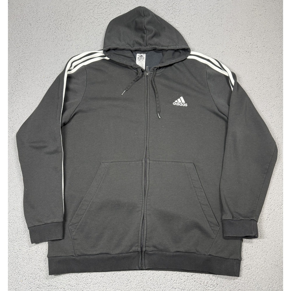 Adidas Hoodie Mens 2XLT Black Full Zip Fleece 3-Stripes Logo Tall Training